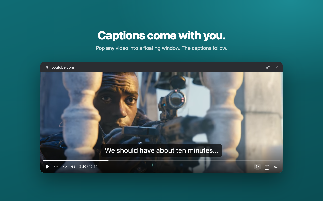 A video in Hovercap's floating window, with its caption shown above the playback controls.