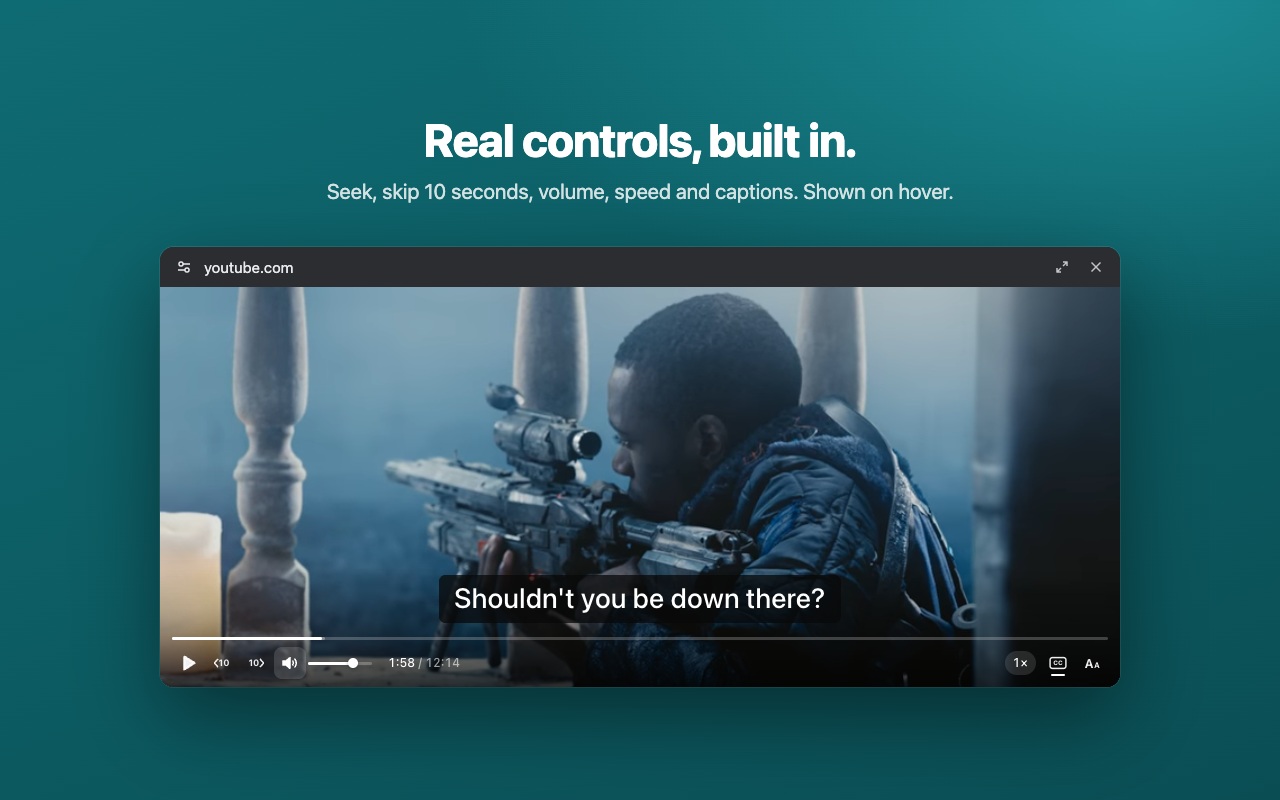The floating window's controls, with the volume slider open.